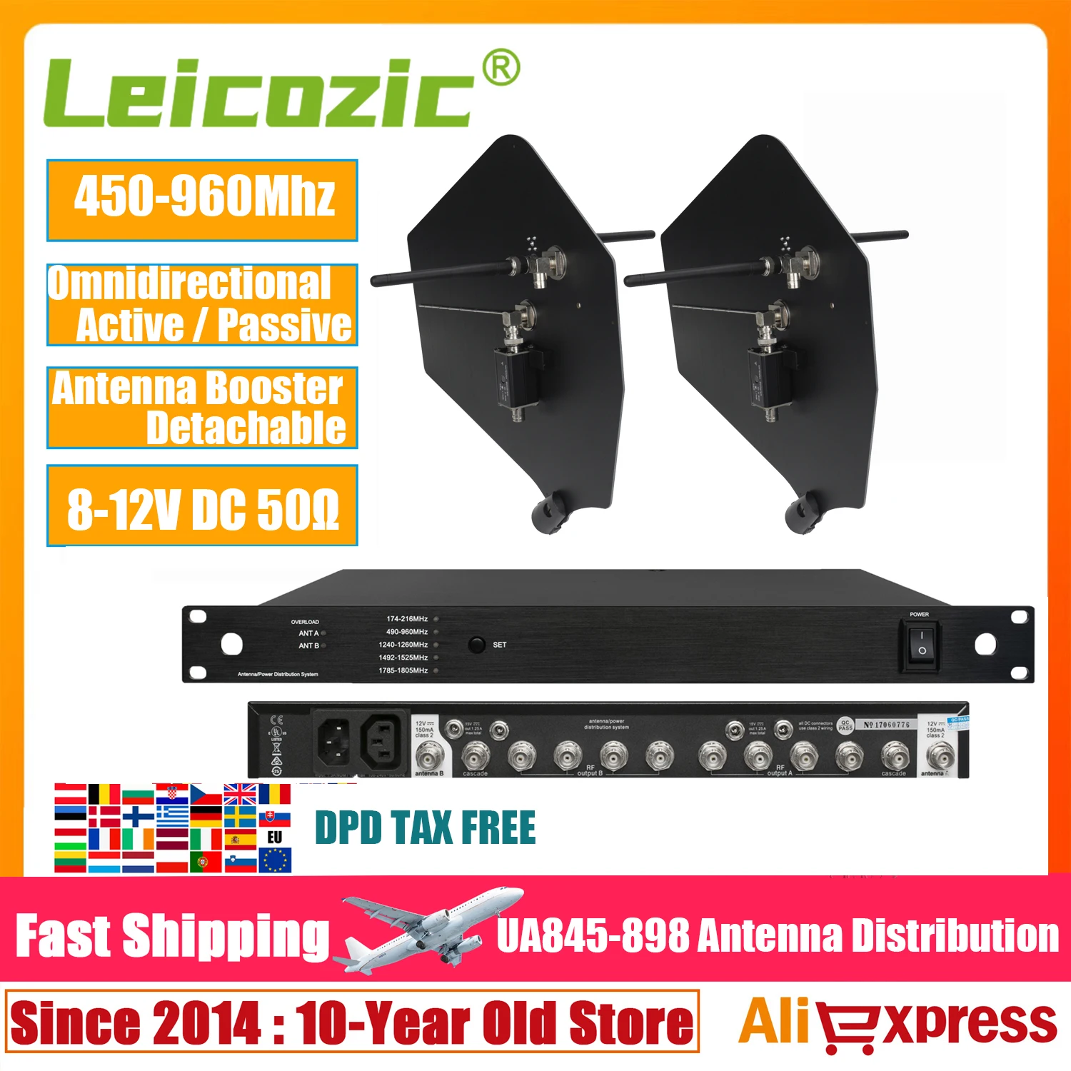 

Leicozic UA845-898 10-Ch UHF Antenna Power Distribution System RF Signal Distributor Booster For Wireless Microphone 460-950Mhz