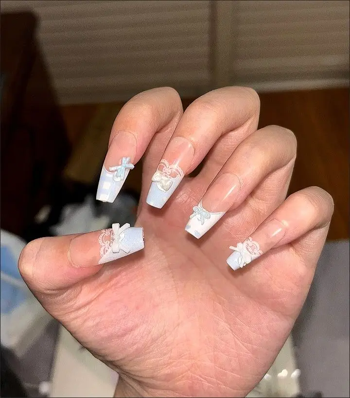 10 stks Nieuwe Blauwe Vlinder Raster Druk Op Nagels Leuke Strik Cat's Eye Nail Patch Vrouwen Meisjes Kawaii Afneembare Koreaanse Nep Nagels