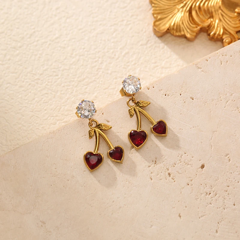 EILIECK 316L Edelstahl Herzförmige Kirsch-Zirkon Halskette Ohrringe Set für Damen Neuer Trendiger Wasserdichter Schmuck Damengeschenk – Detail 14