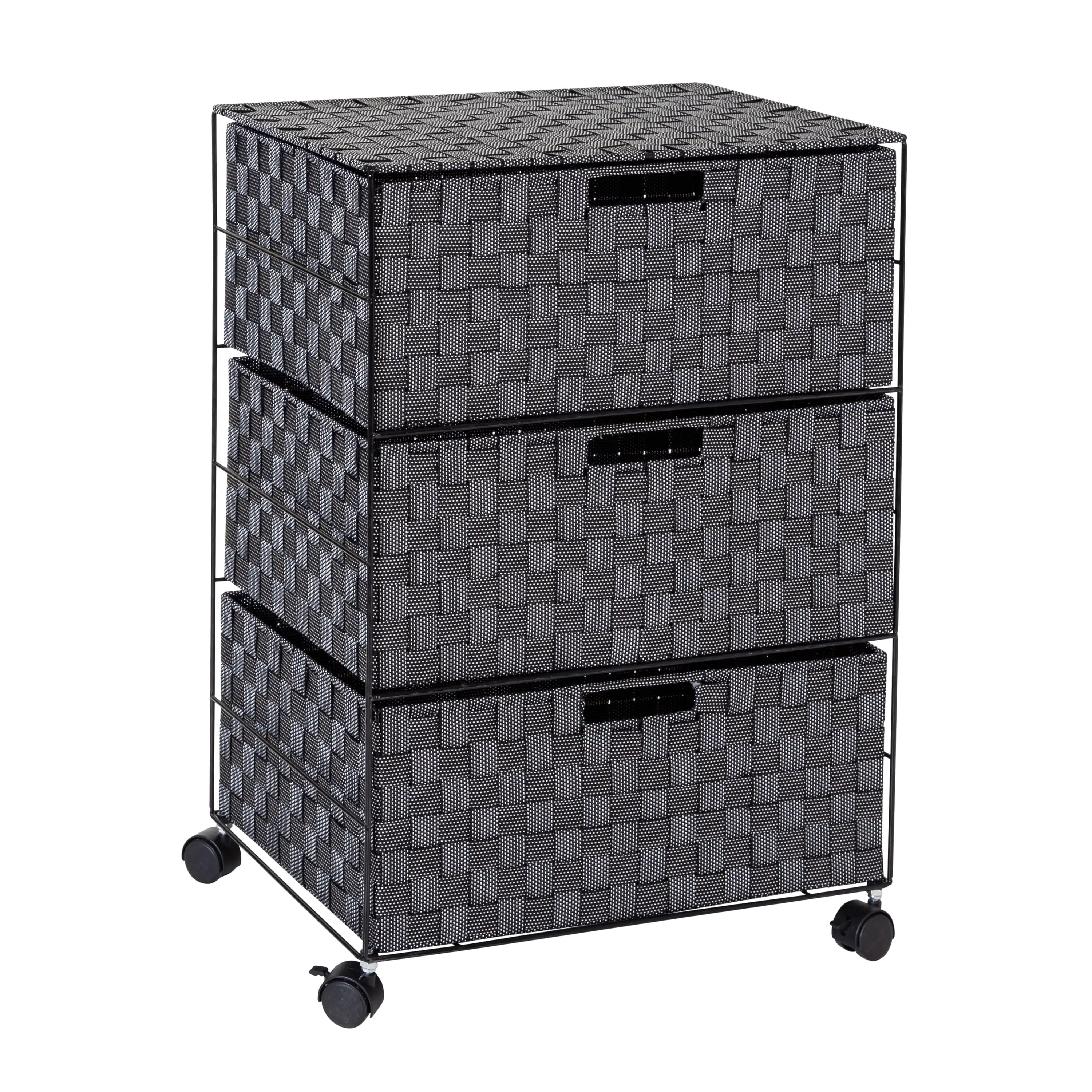 

Steel and Woven 3-Drawer Rolling Storage Cart, Black/White