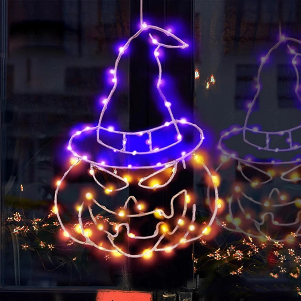 

Halloween Window Decorations Lights Wizard Hat Pumpkin Hanging Lamp Battery Powered Lights With 8 Modes Remote For Home Decor