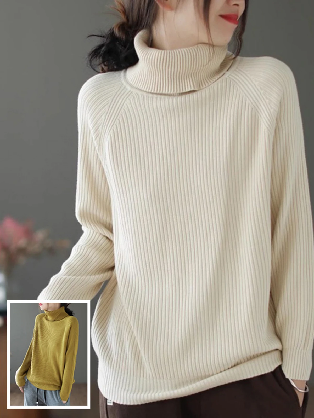 

Autumn Winter Literary Solid Color Turtleneck Women Sweater Loose Versatile Elegant Simple Pullover Fashion All-match Knitwear