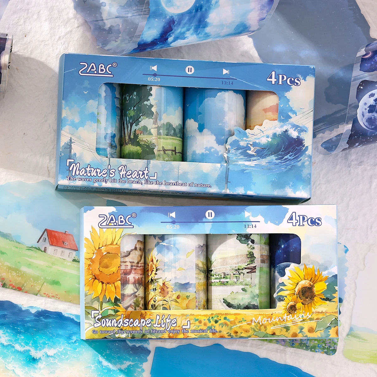 4 ロール/ボックス スクラップブッキング、雑誌用の風景テーマのステッカーロール、ギフトボックスの装飾、ファッションギフト用のフレーズステッカー