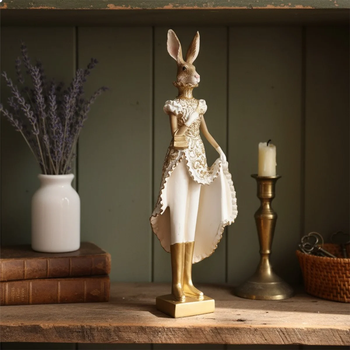 Resin Wonderland Rabbit Sculpture - Elegant Gold&White, 32.5cm, Lightweight, Fantasy Decor for Display Cabinet/Shelf
