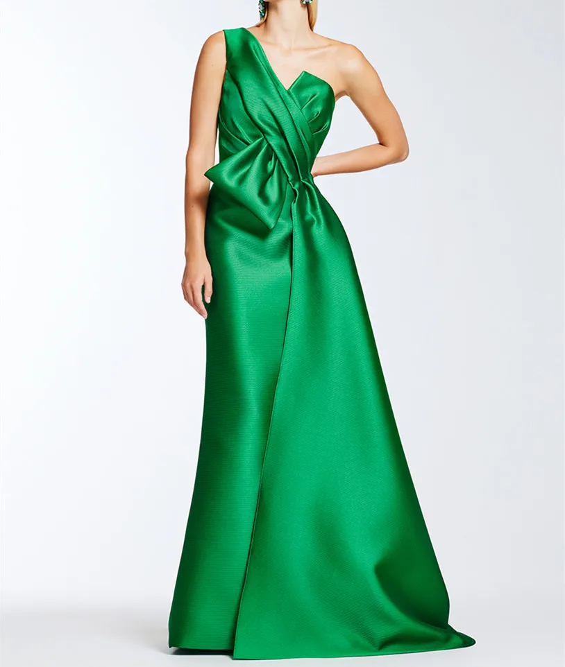 Customized Long One Shoulder Green Satin Evening Dresses Mermaid Sleeveless Pleat Sweep Train Prom Wedding Guest Dress for Women