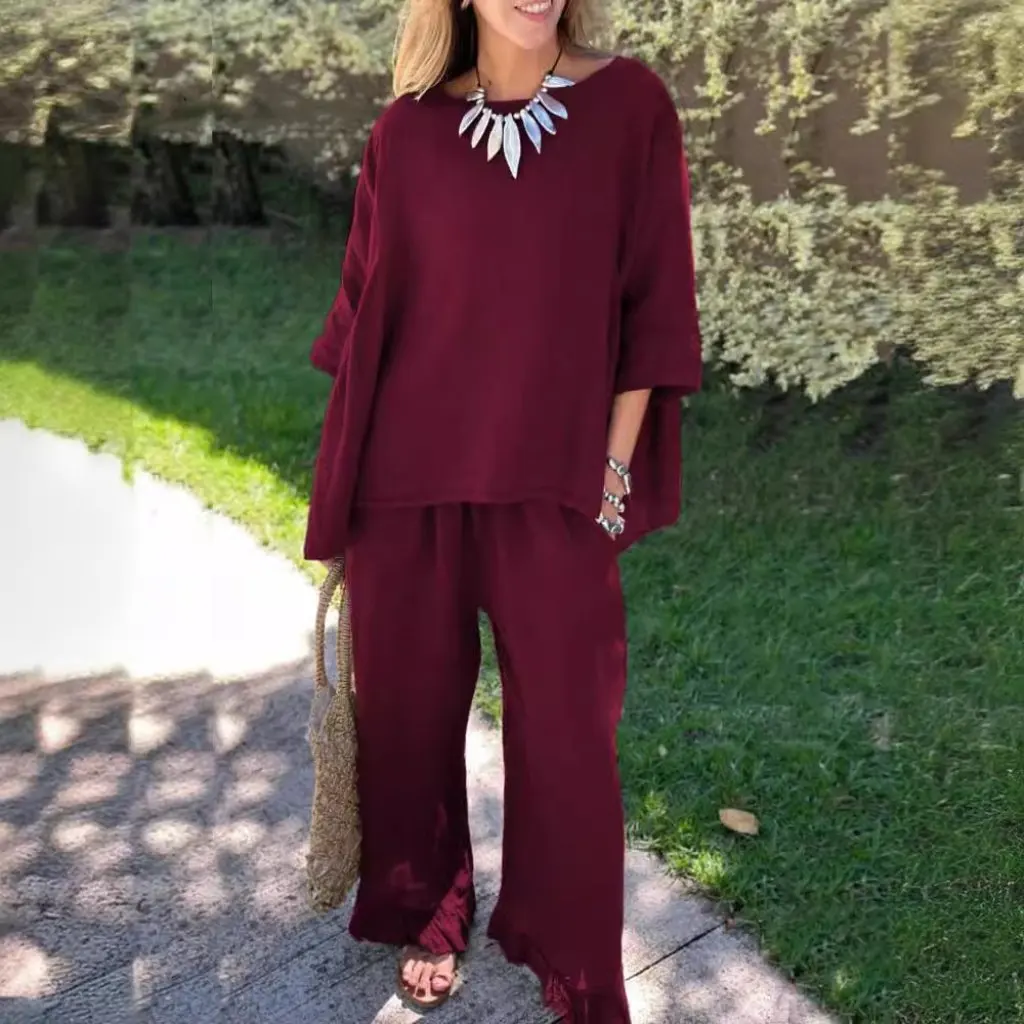 

Женский однотонный комплект из двух предметов из хлопка и льна, свободные повседневные брюки, осень-зима, новый европейско-американский стиль