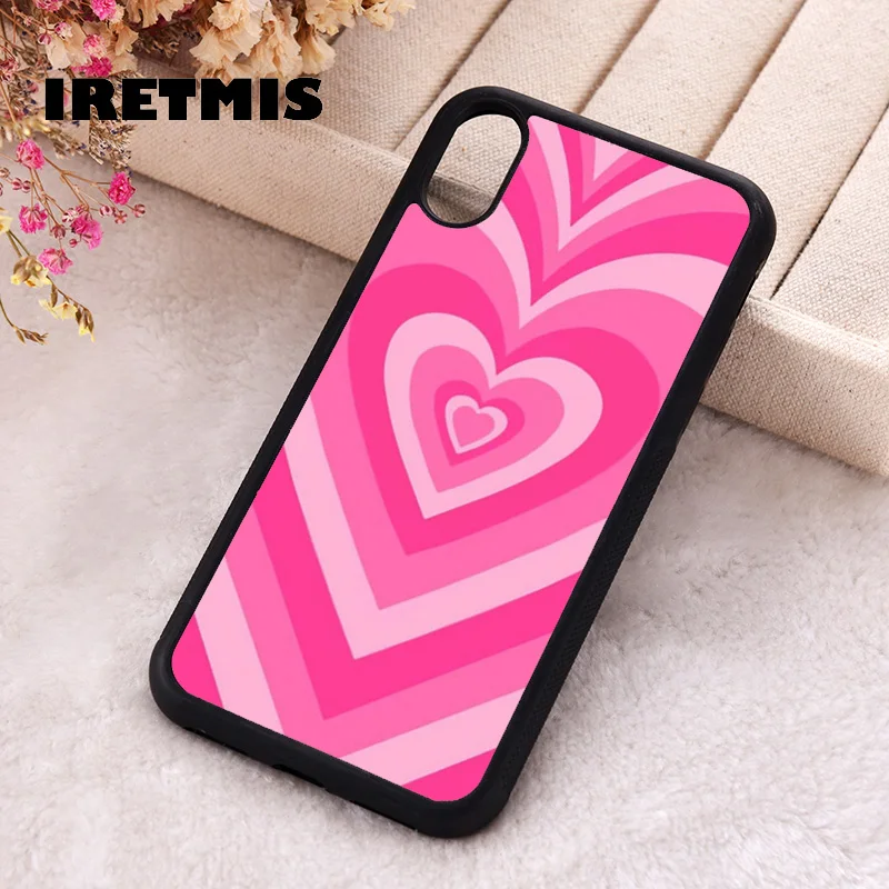 Iretmis Phone Cover Case For iPhone X XS Max XR 11 12 13 PRO MINI 14 15 16 Plus Rubber Silicone Pink Heart trance