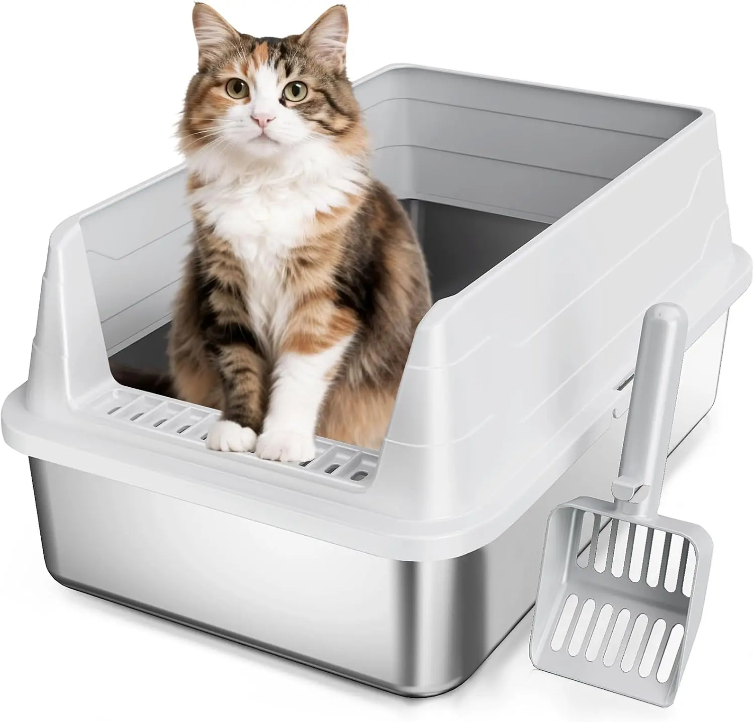 

Stainless Steel Cat Litter Box, Odor Free Metal Litter Box with High Sides Lid, Open Top Low Entry Litter Pan Include Sc