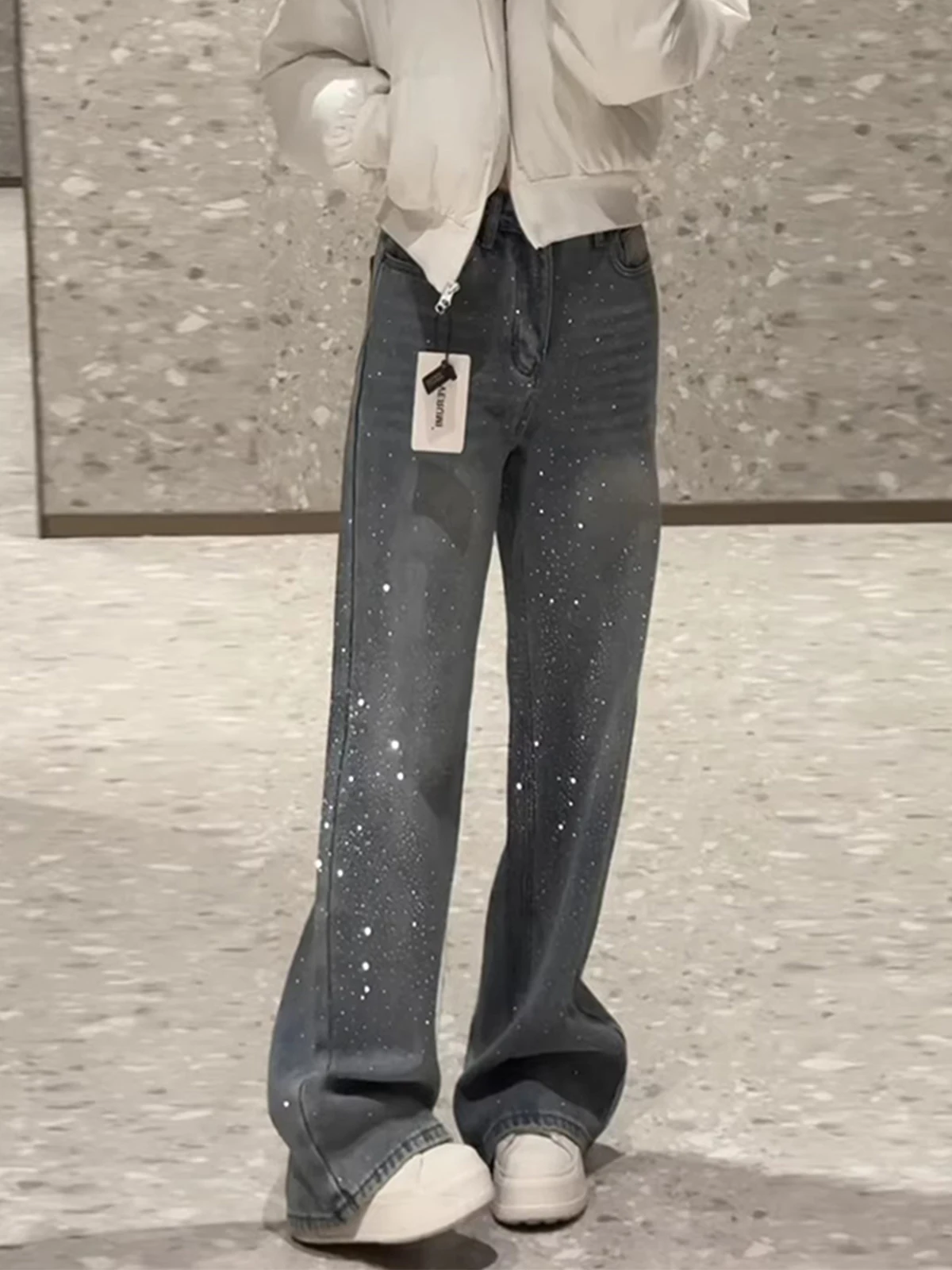 

Ретро-джинсы свободного кроя с широкими штанинами, женские, зимние, новые, с высокой талией, на флисовой подкладке, в пол, с декором из страз