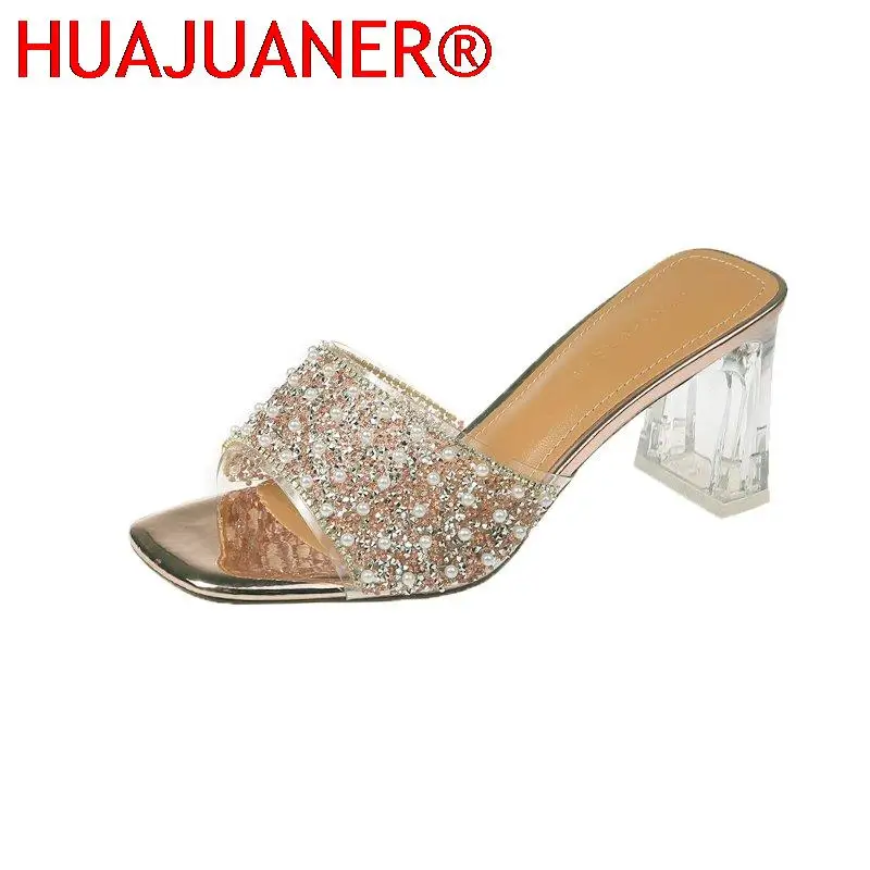

Женские тапочки, летняя новая обувь, удобные пикантные прозрачные туфли из ПВХ с жемчугом и открытым носком, на квадратном каблуке