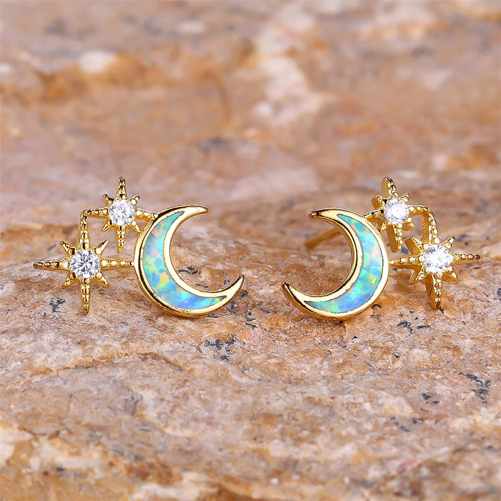 Female Small White Fire Opal Stone Moon Star Stud Earrings Trendy Gold Color Wedding Jewelry For Women