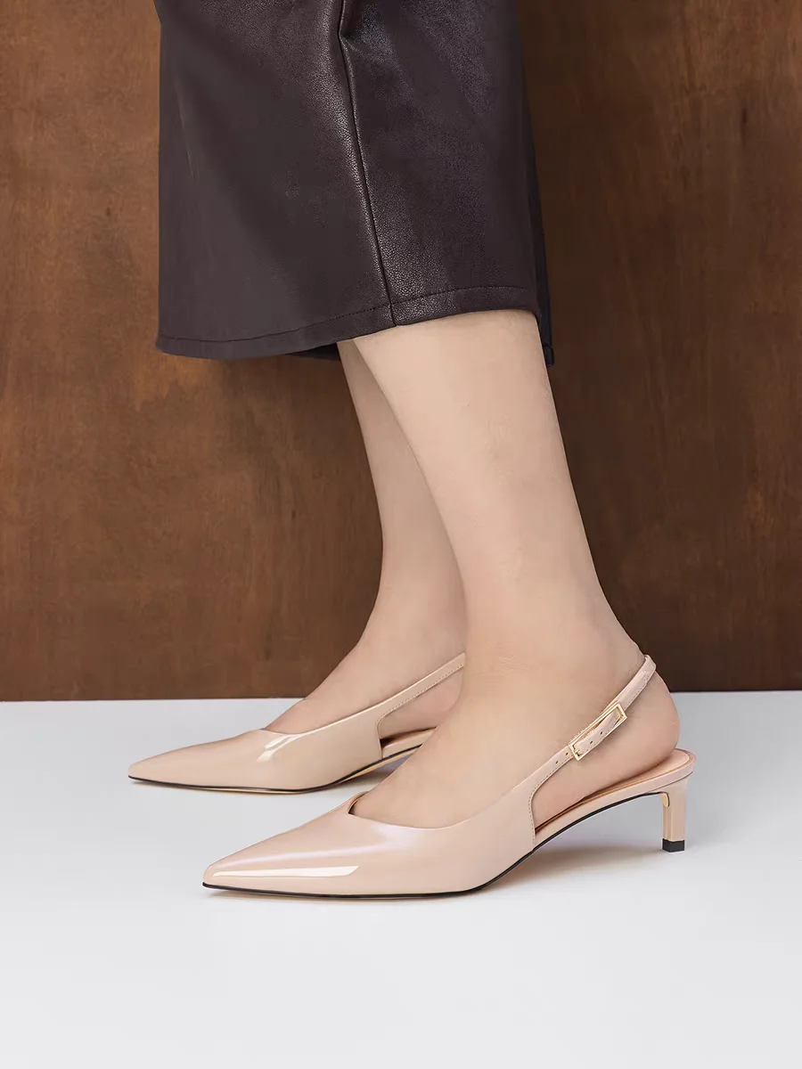 =FWRD Women's Patent Leather Pointed-Toe Kitten Heel Sandals with Buckle Strap, Elegant Daily Party Shoes #FWRD000220