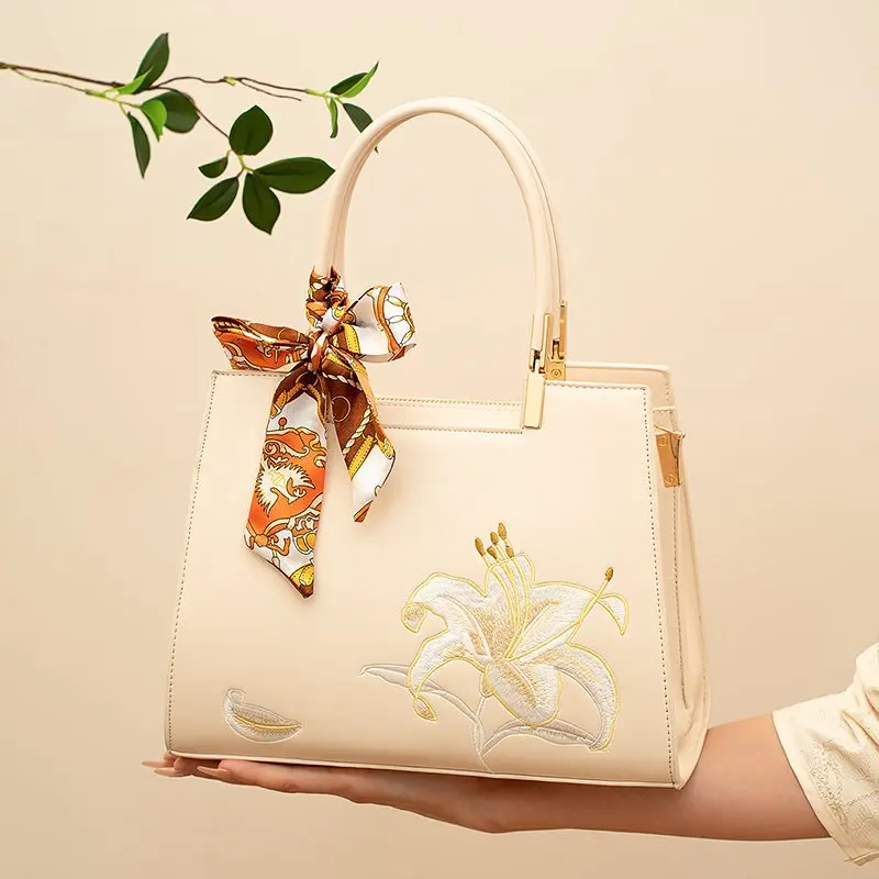 Style Embroidery Women's Bag Handbag2024New Middle-Aged to Give Mom Bag Large Capacity Birthday