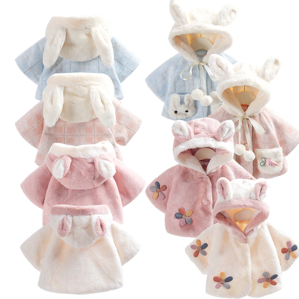 

Осенне-зимнее флисовое пальто с капюшоном для детей, пуховик с милым кроликом для девочек, одежда для малышей от 0 до 4 лет, розовая накидка, детское пальто 2025