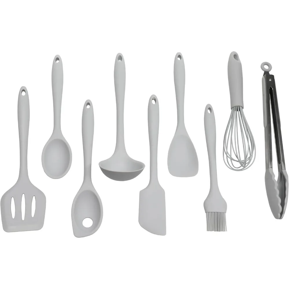 

Premium Silicone Kitchen Tool and Utensil 9 Piece Set Spatula Spoon Basting Brush Tong Whisk Non-stick Gray