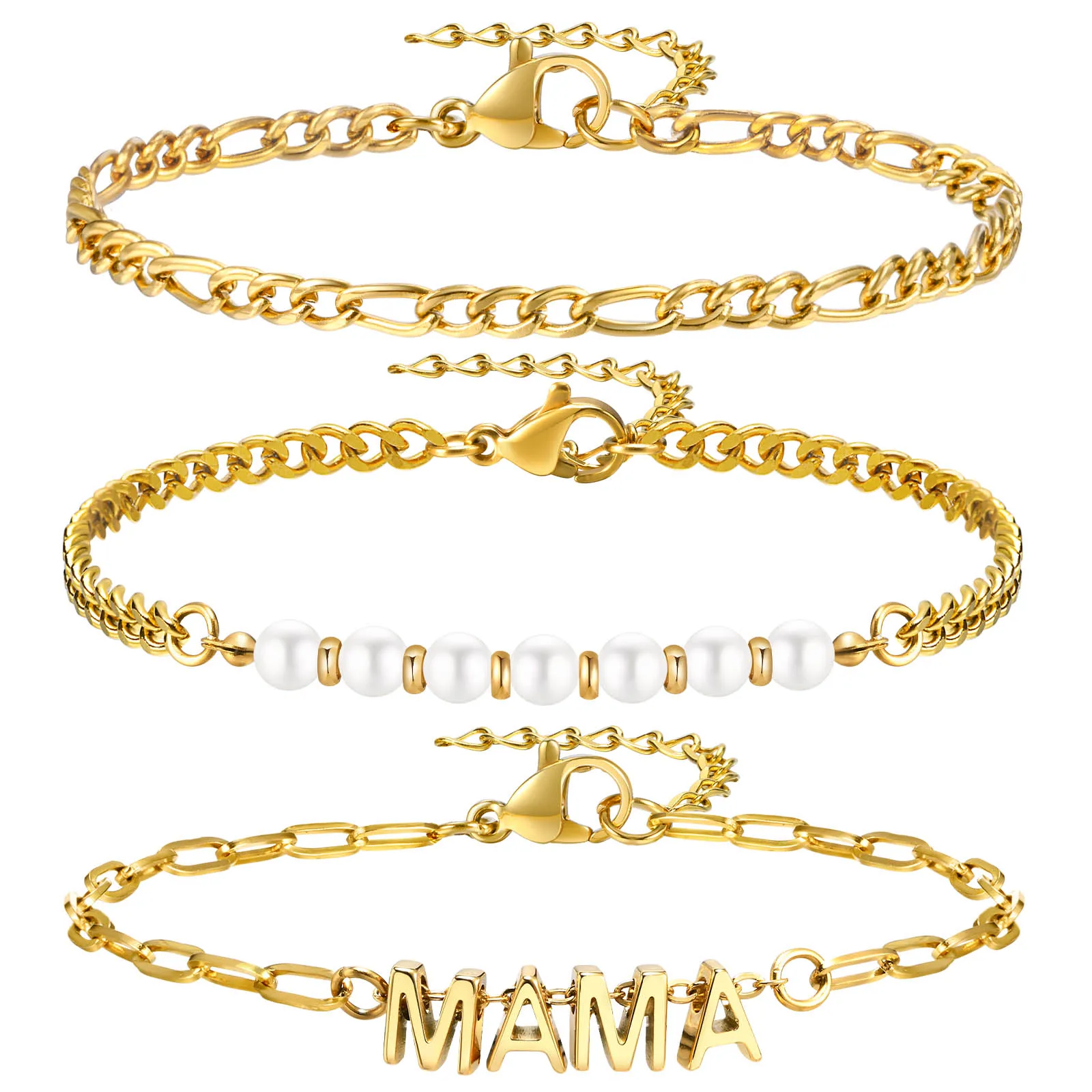 

3pcs Stackable Set Chain Bracelet, Gold Plated Adjustable Stainless Steel Jewelry, Women MAMA Mother Grandmother Gift