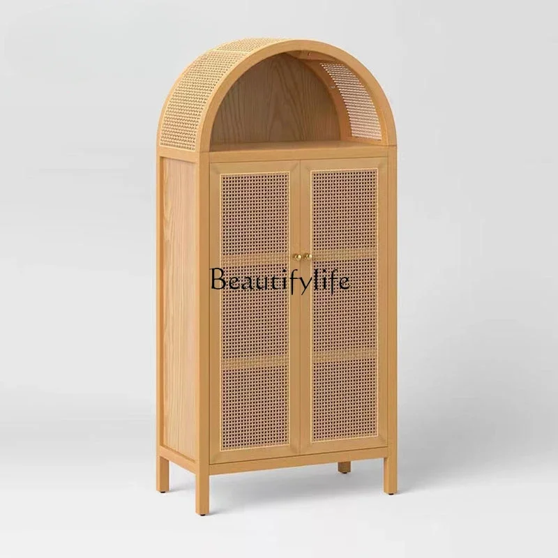 Simple Ash Bookcase Rattan Floor-Standing Decorations Cabinet Small Apartment Living Room Locker Arch Storage Cabinet