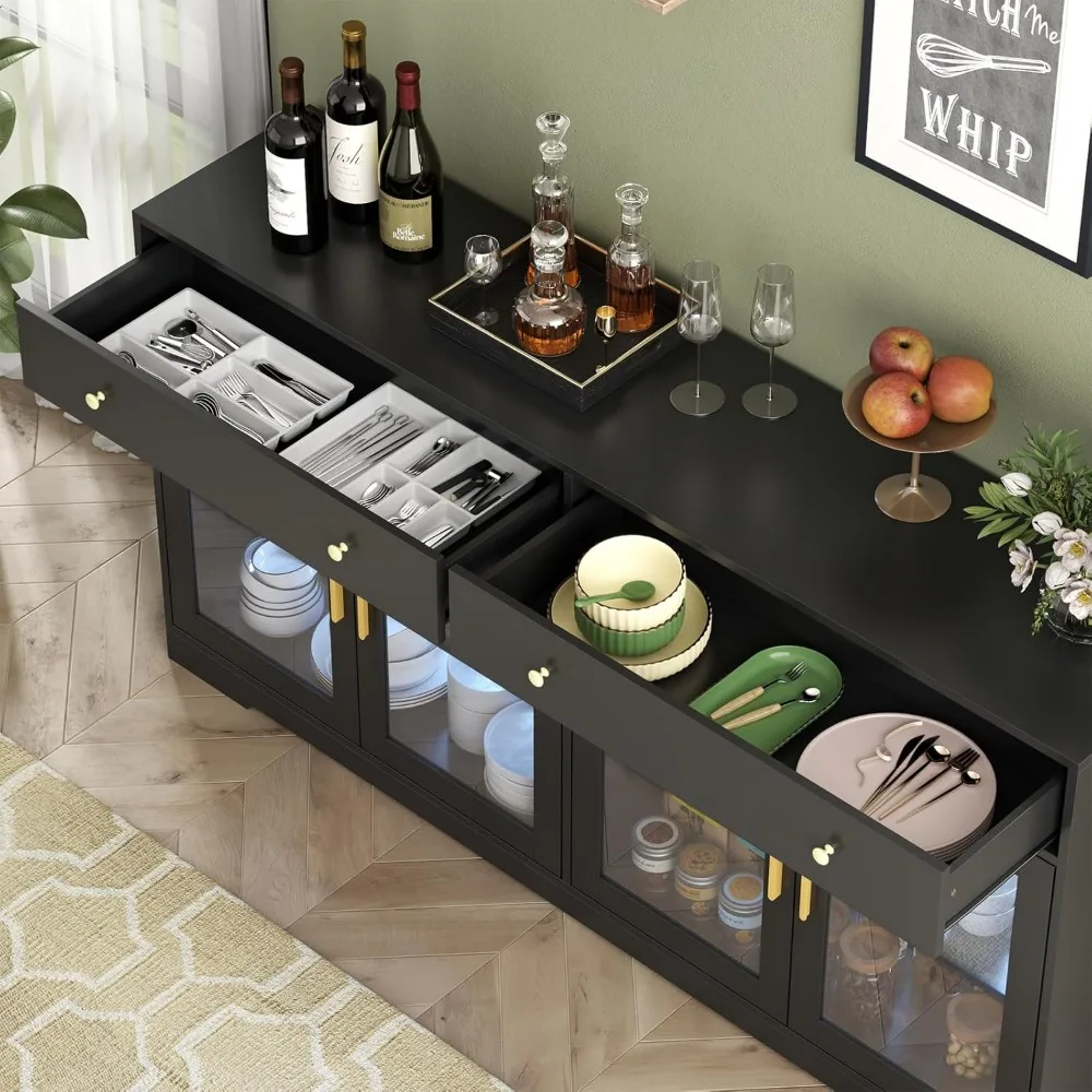 Sideboard Buffet Cabinet with LED Lights,55.1 Storage Cabinet with 2 Large Drawers &4 Glass Doors,Modern Kitchen Display Cabinet