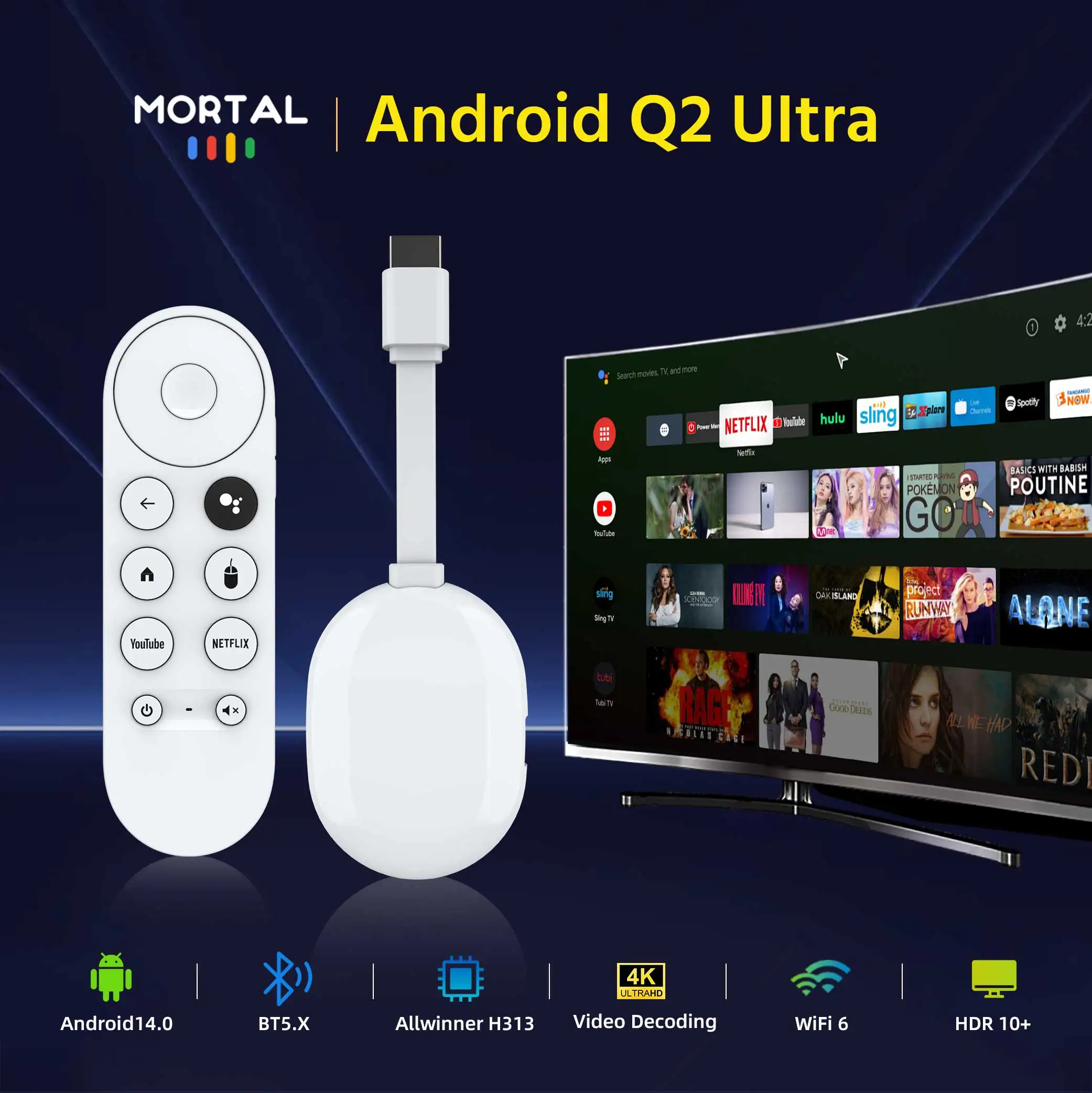 Android Tv stick Decoder 2025 Android14 AllwinnerH313 2G8G16G Mortal Q2 ultra Bluetooth 4K Free Live TV Netflix YouTube