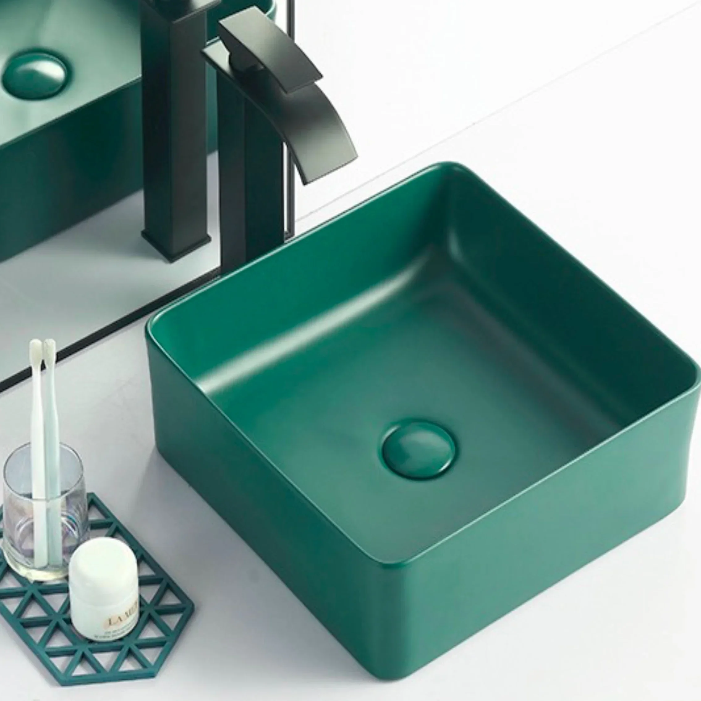 360*360*130MM Dark Green Matte Ceramic Washbasin Bathroom Sink Balcony Countertop Art Basin With Cold and Hot Water Tap