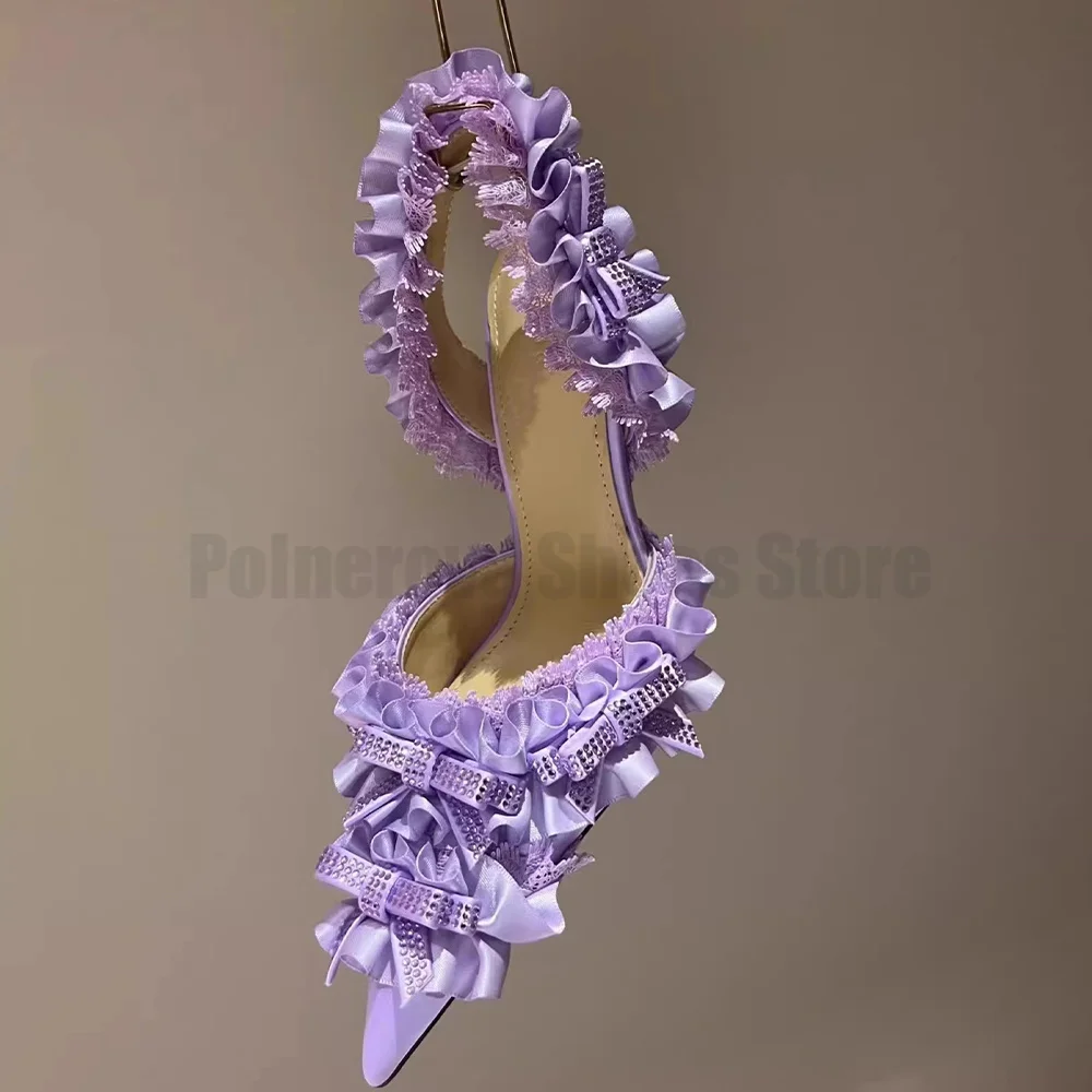 Rhinestone Bow Lace Pink Satin High Heel Sandals for Women New Pointed Toe Single Shoes Sexy Lace Decorative Pumps Ladies Shoes