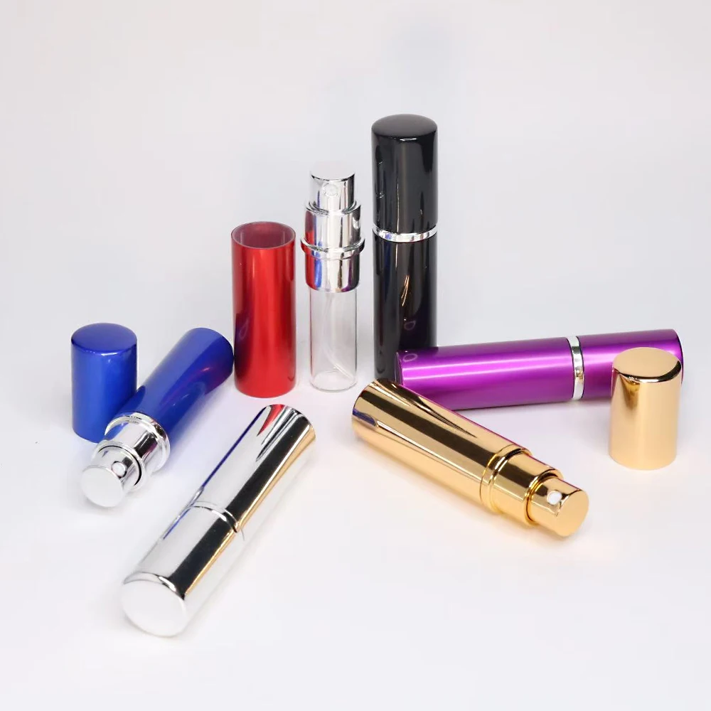 Przenośna butelka z rozpylaczem z metalicznego aluminium o pojemności 5 ml, szklana butelka, wysokiej klasy, podróżna butelka na perfumy wielokrotnego użytku