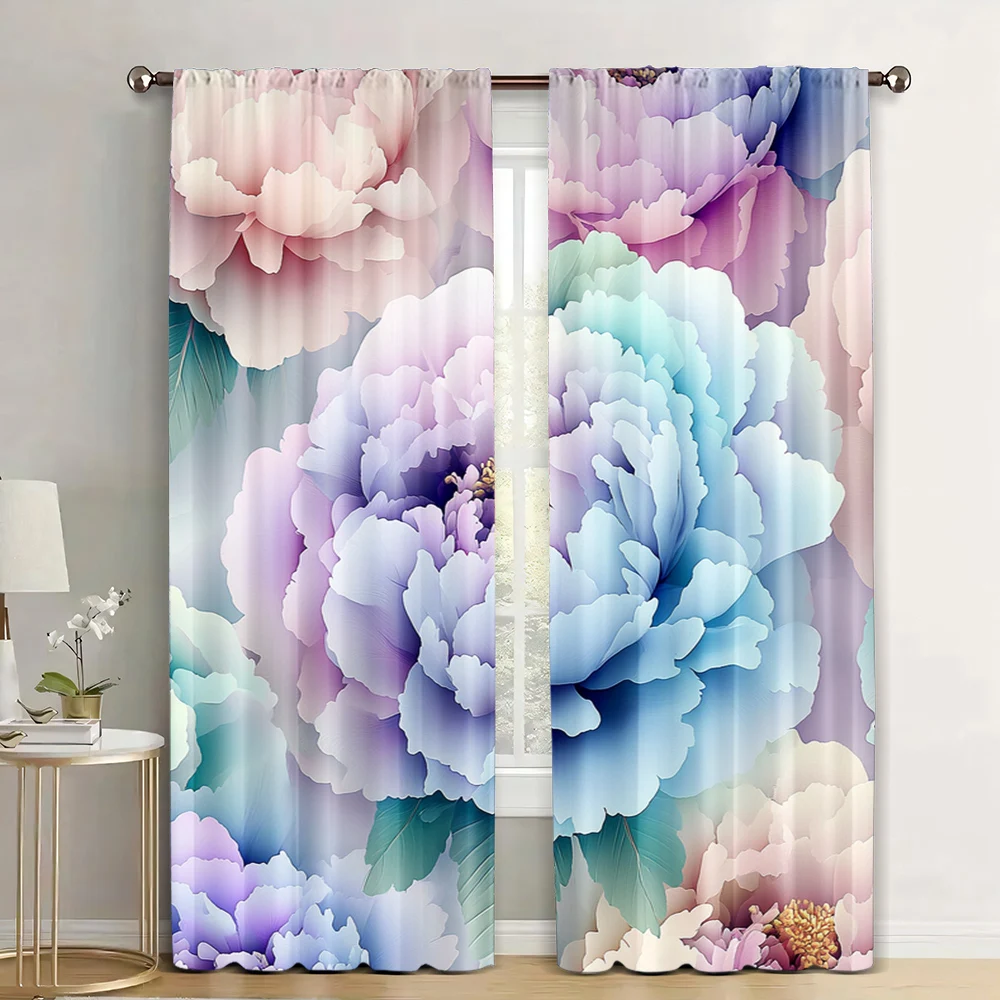 2Pcs Floral Blackout Curtains Bohemian Style Abstract Pink Flowers Decorative Curtains For Kitchen Living Room Privacy_ai7