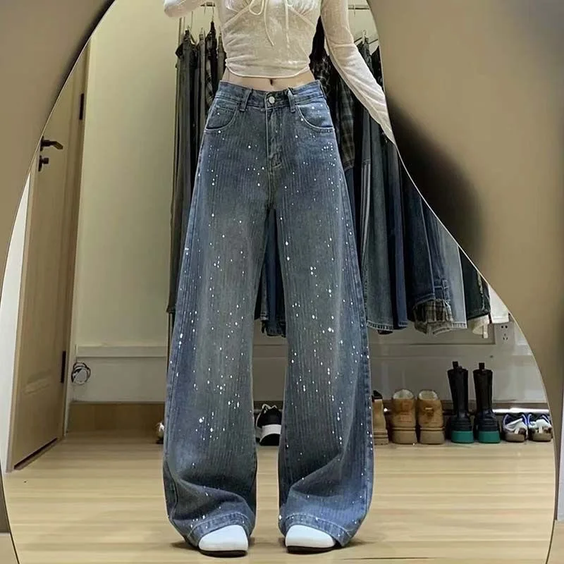 

New Women's Design Hot Diamond Jeans Spring and Autumn High Waist Loose Straight Trousers Female Korean Version of Casual Jeans