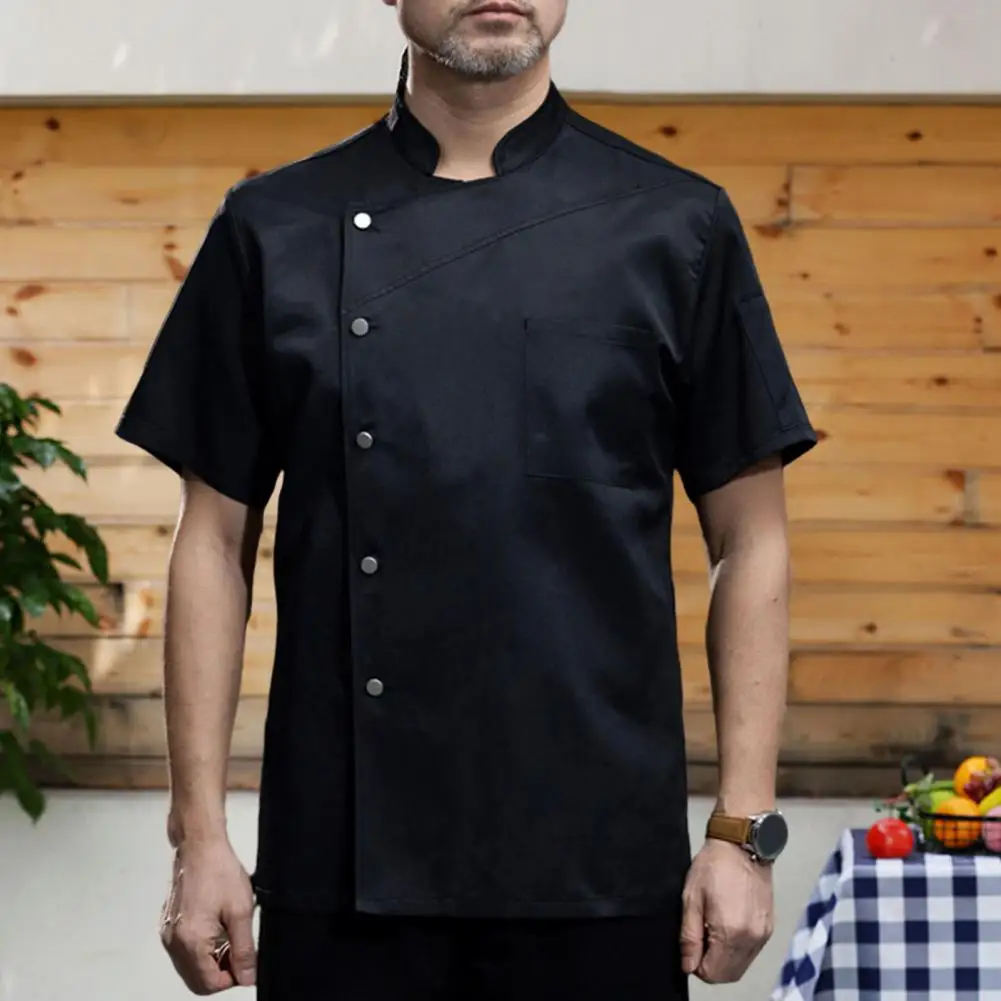 

Chef Shirt Professional Chef Uniform with Stand Collar Short Sleeve Design Patch Pocket for Kitchen Work Breathable for Cooks