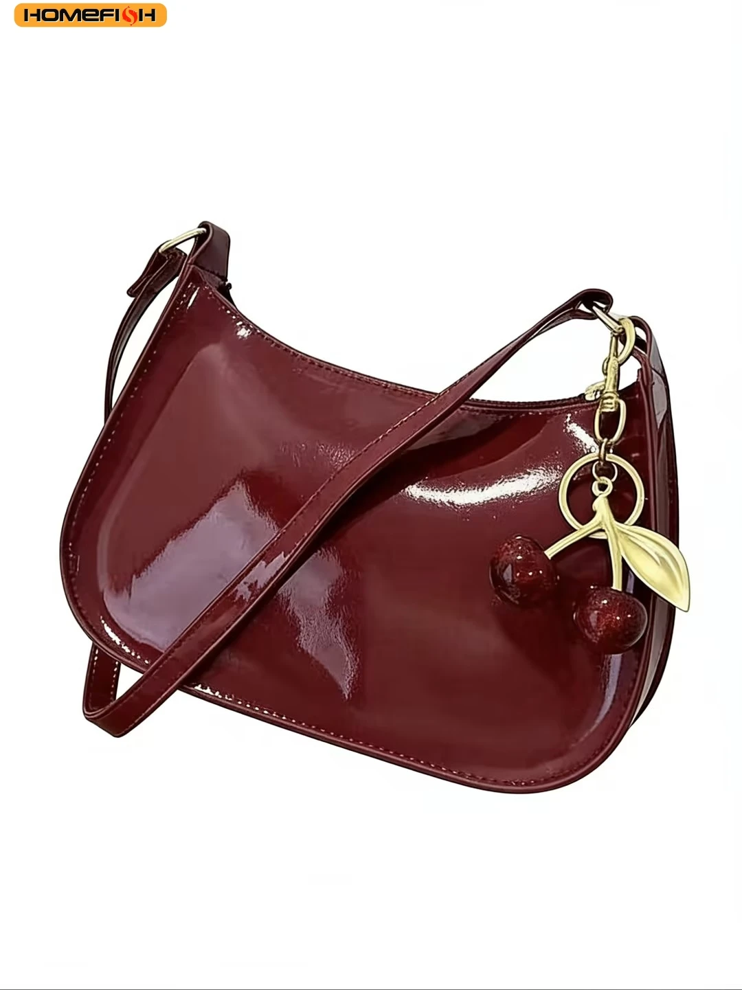 

HOMEFIH PU Leather Handbag Solid Color Cherry Pendant Casual Shoulder Bag Versatile Fashion Commuting Bag for Girls Underarm Bag