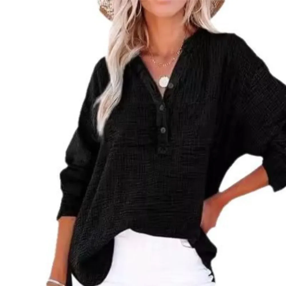 2025 Fashion Casual Women Shirt Spring Autumn Pleated Button Long Sleeve Solid Color Blouse Top Shirt Loose Pullover for Women