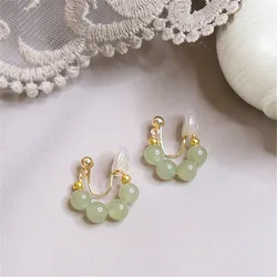 Natural Hetian Jade Retro Round Beads Drop Earrings U-shaped Ear Clip French Romantic Wedding Anniversary Jewelry Customized