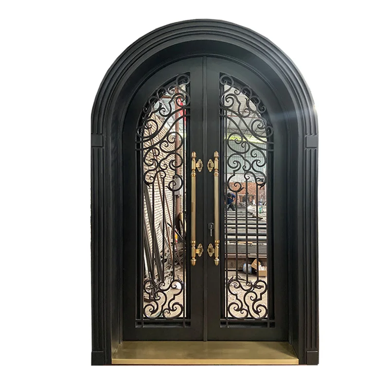 High Quality Luxury Design Front Other Exterior Security Doors Double French Wrought Iron Glass Doors For Homes