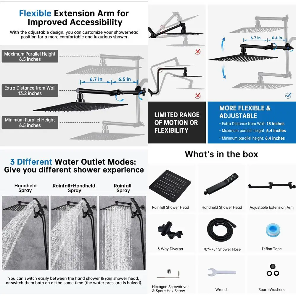 مجموعة دش سوداء غير لامعة مقاس 10 بوصات مع محول 3 إعدادات، ورذاذ محمول، وذراع قابل للتعديل #1