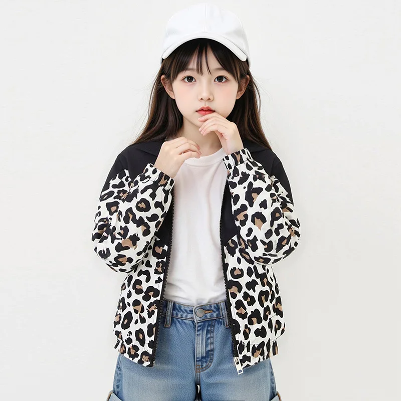 123  Girls Jacket Spring Autumn New Patchwork Leopard Print Hooded Zipper Coat For Teen Kids Leisure Outerwear 2-12 Y Old