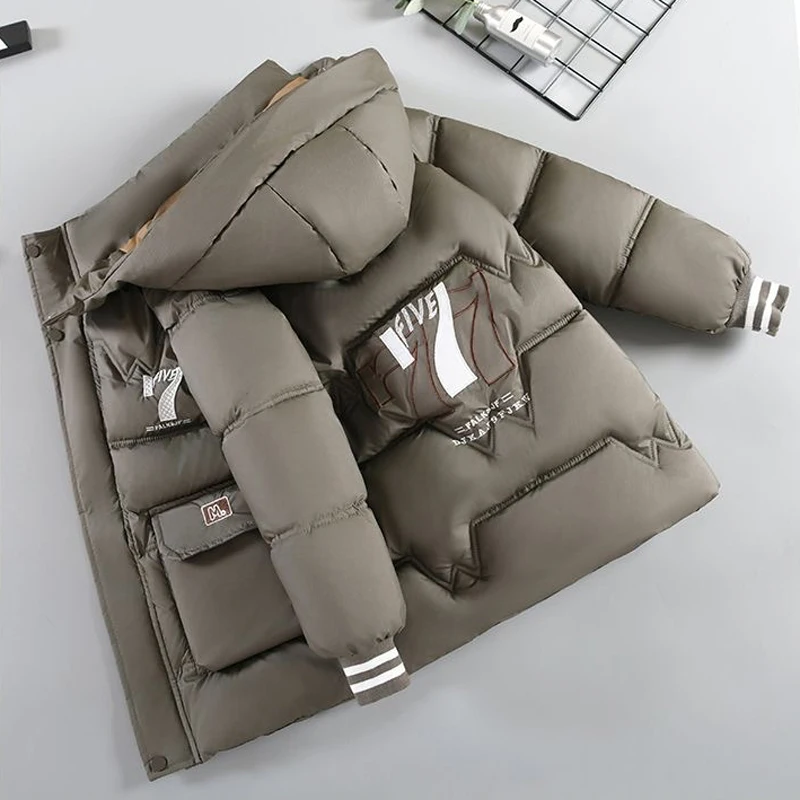 -30℃ 2025 Winter Teen Boys Jacket Plush Thick Cold Prevention Letter Print Hooded Down Cotton Outdoor Jackets For 4-11 Years