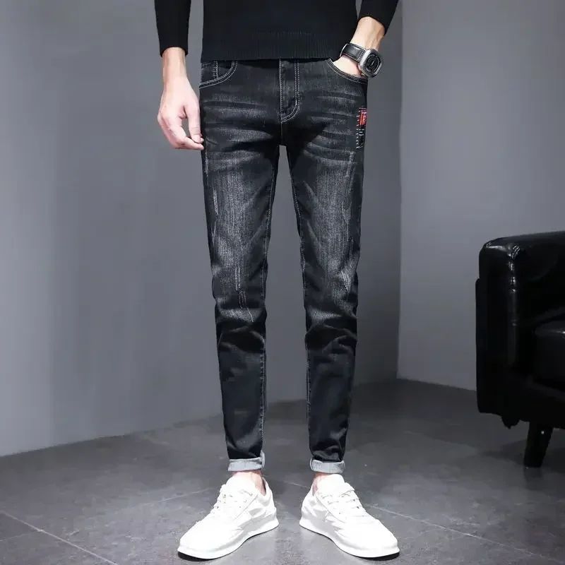 

Trousers Slim Fit Cropped Man Cowboy Pants Skinny Men's Jeans Elastic Stretch Tight Pipe Denim High Quality Korean Fashion 2024