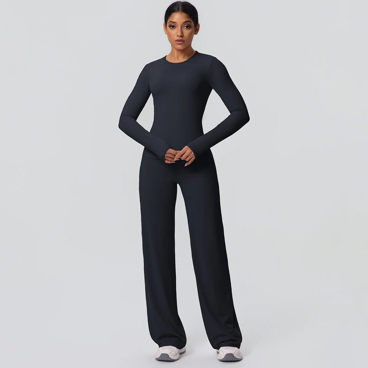 2 stück Frauen Gym Yoga Set Lauf Shirts Schlank Lange Ärmel Workout Top Schnell Trocknend Hohe Stretch Breite Bein Hosen dünne Yoga Set – Detail 13