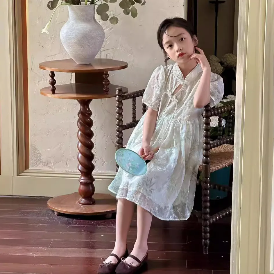 

Girl Dress 2024 Spring and Summer Chinese Baby Girl Chinese Style Fashion New Chinese Embroidered Dress Girl Solid Skirt