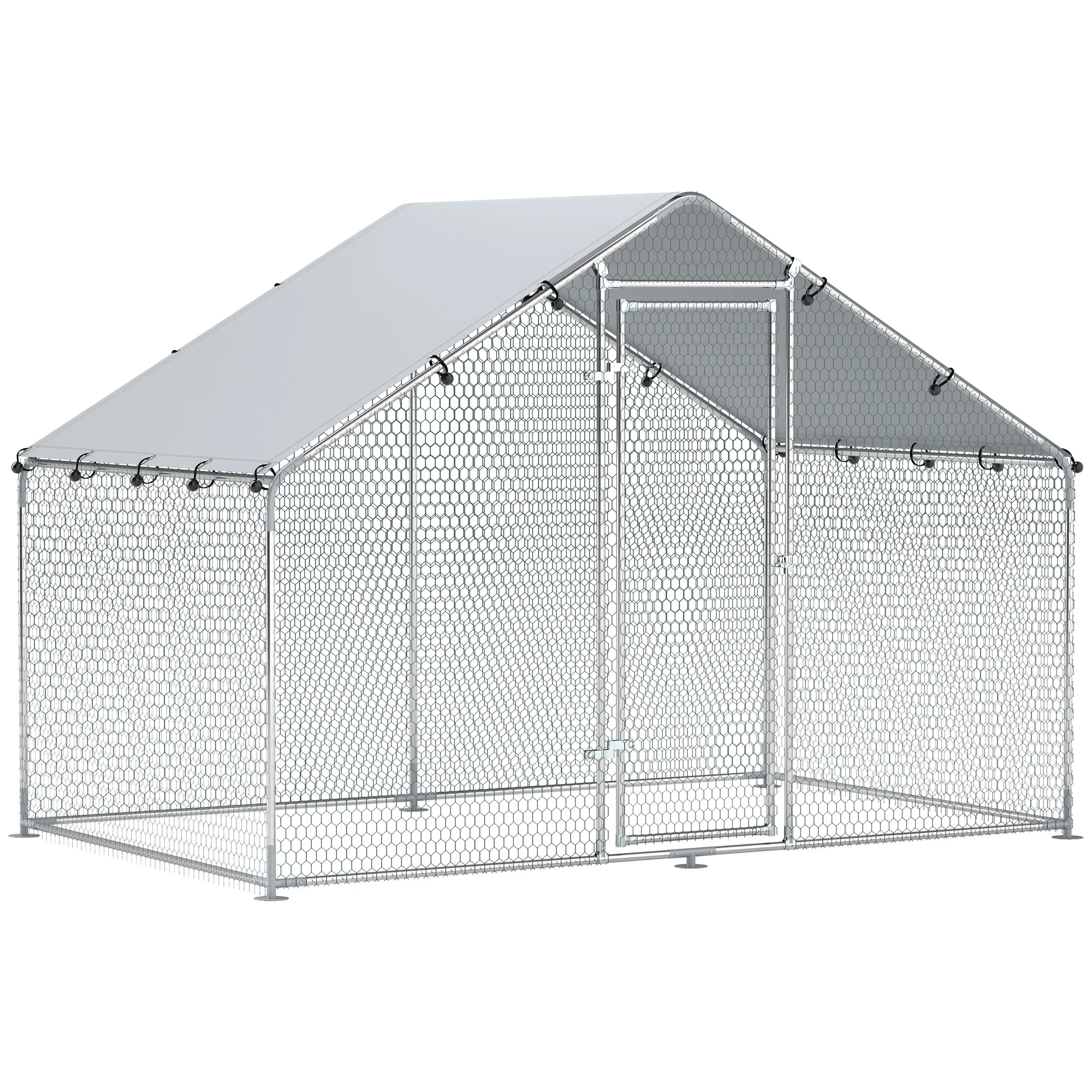 PawHut Enclos poulailler, grand poulailler 5,1 m², enclos poule avec couverture imperméable et anti-UV, porte verouillable, cage en acier galvanisé, volière pour 5-8 poules, 3 x 1,7 x 1,9m, argenté