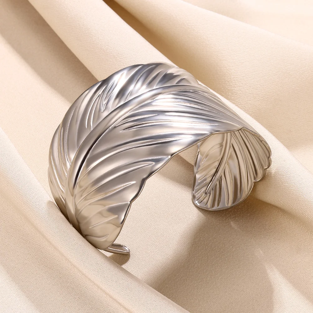 Silver Color Leaf Wide Cuff Bangles For Women Stainless Steel Adjustable Bracelet Fashion Party Jewelry Christmas Gifts