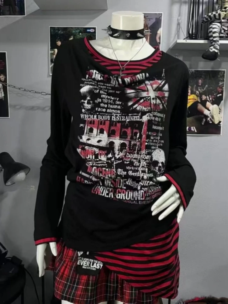 Grunge Style Striped Spliced T-shirt Fake 2 Piece Y2k Slim Long Sleeve 2000s Spicy Girl Niche Design Sense Vintage Blouse Autumn