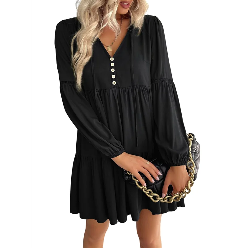 ABRT-Vestidos curtos de manga comprida para mulheres com decote em V outono casual solto ajuste flowy balanço em camadas vestido boho de férias