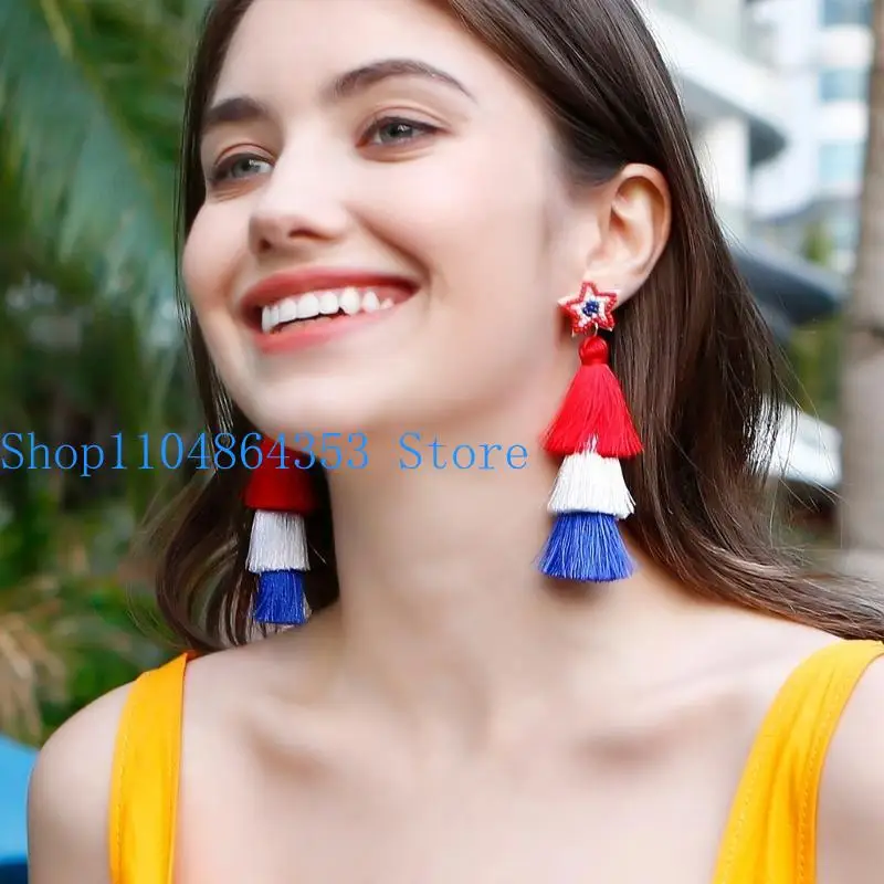 652F National American Independence Day Earrings Hand-Woven Tassel Earrings