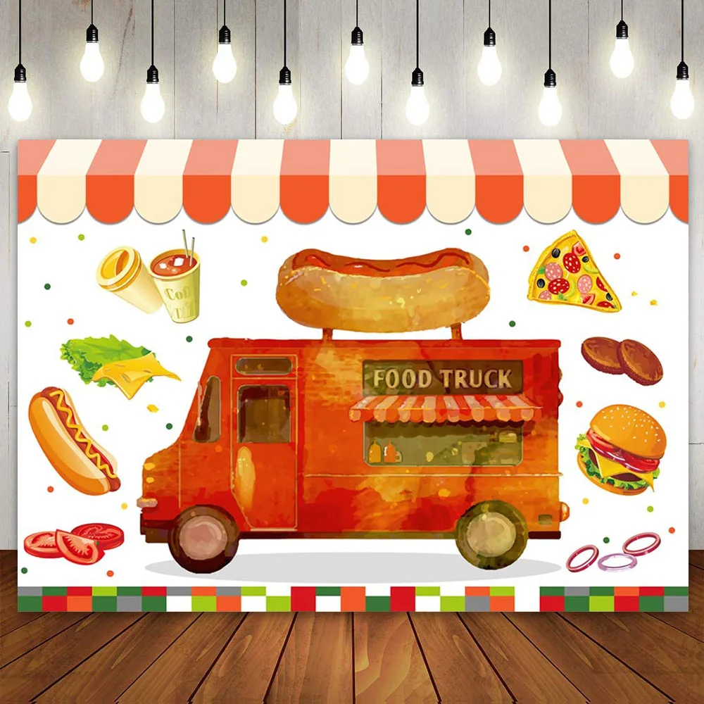 Truck Backdrop Pizza Hamburger Shop Photography Background Birthday for Baby Shower Girl Boy Kids Banner Party Decor Photo Booth