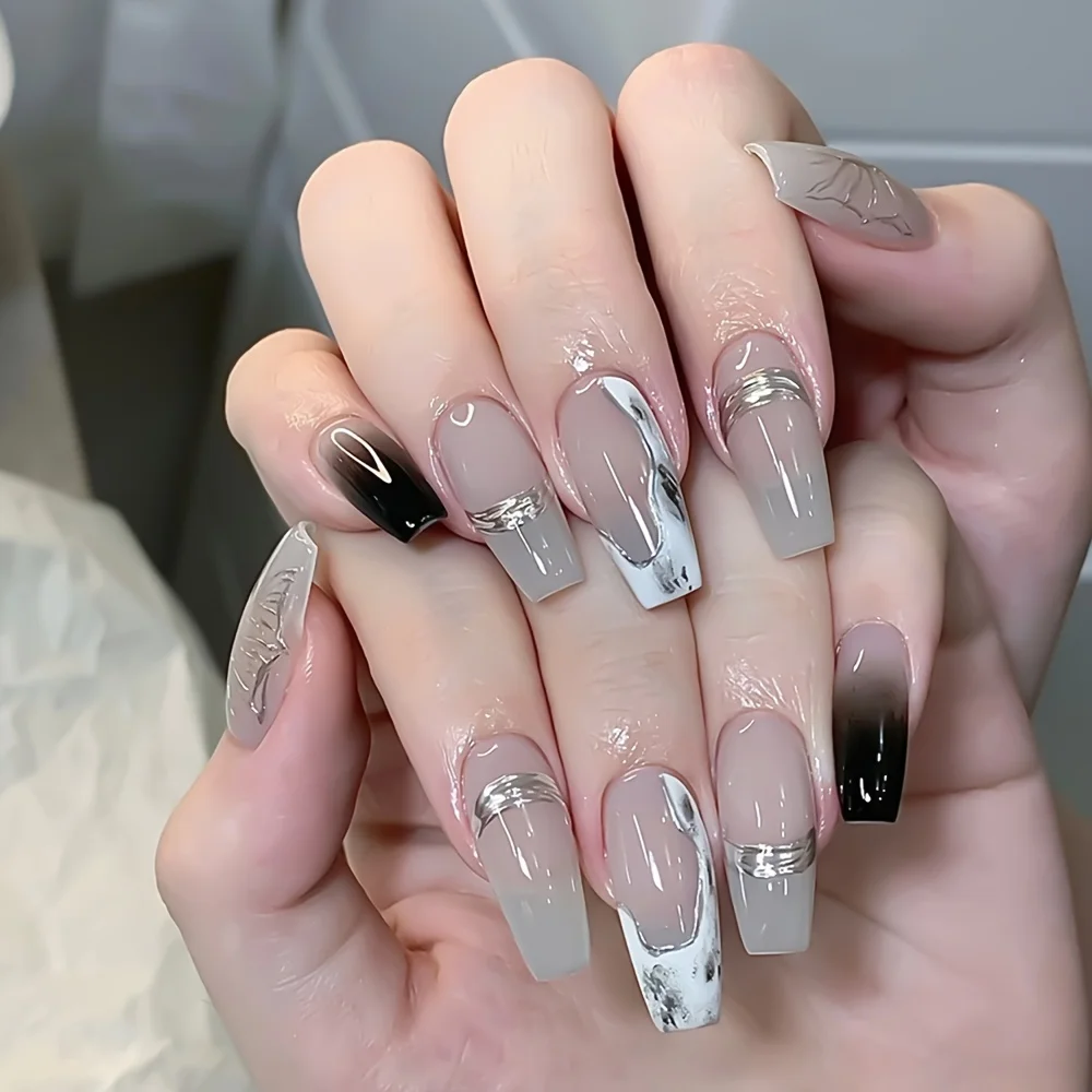 

24 Pcs Medium Coffin French Press On Nails, Fake Acrylic Glue On Nails, Glossy Artificial Nail For Women And Girls