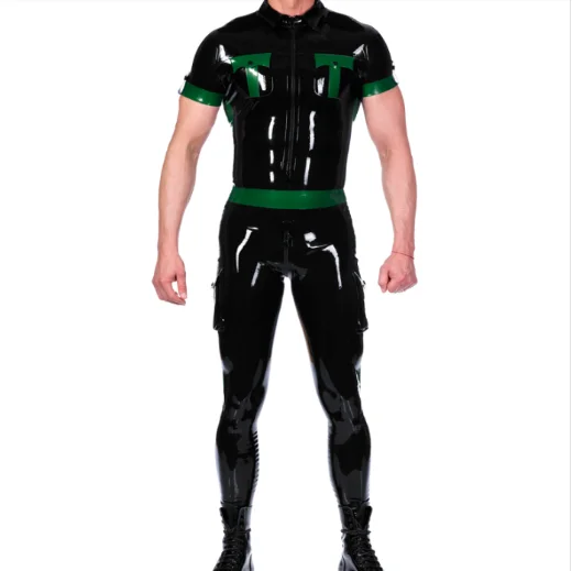 100%Latex Rubber  Gummmi Black short sleeved Jumpsuit  racing uniform party role special occasion hand customized Cosplay Pary