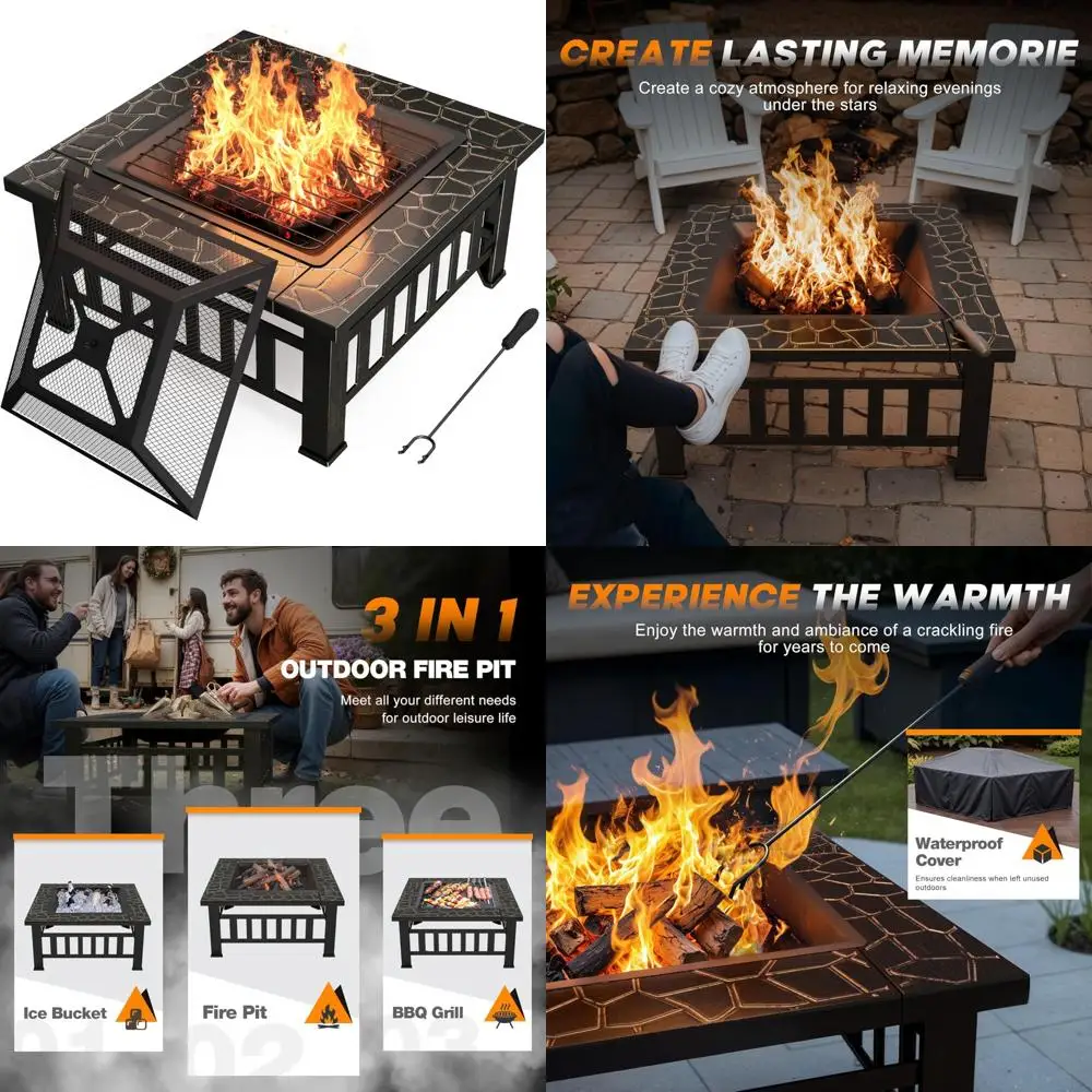 

32" metal outdoor fire pit table with waterproof cover for patio and camping (bronze)
