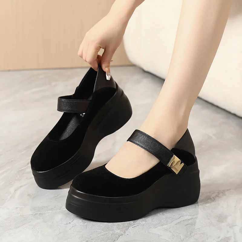 GKTINOO Cow Suede Leather Female Thick Sole Wedges Shoes Women High Heel Shoes 2024 Autumn Ladies Casual Platform Shoes