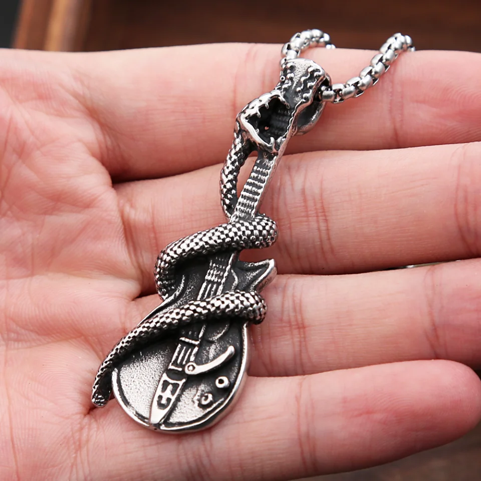 Punk Stainless Steel Guitar Coiled Snake Pendant Necklaces Gothic Hip Hop Creativity Jewelry For Men Vintage Fashion Party Gifts